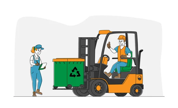 Postać pracownika jazdy wózka widłowego ze śmieciami do przetwarzania odpadów. Proces technologiczny — Wektor stockowy