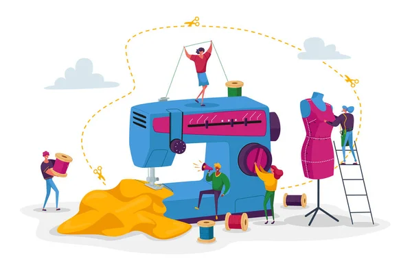 Creatief Atelier Fashion Design. Jurken personages maken Outfit en Apparel op naaimachine — Stockvector