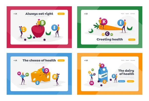Επιλογή Βιολογικών Τροφίμων, Βιταμίνες σε Προϊόντα Landing Page Πρότυπο Σετ. Οι χαρακτήρες τρώνε υγιή φρούτα — Διανυσματικό Αρχείο
