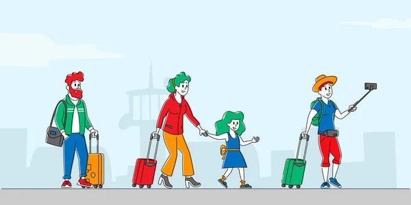 Charaktere mit Gepäck an Bord eines Flugzeugs. Reisende steigen in Flugzeuge, Passagiere in Jets oder Züge — Stockvektor