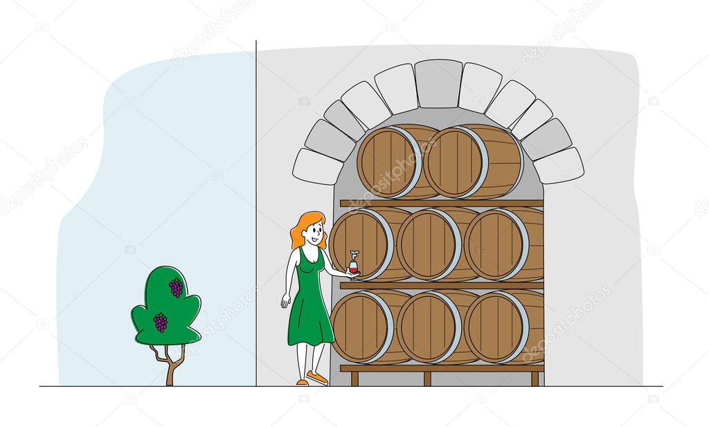 Female Winemaker Character Tasting Wine at Wine Cellar with Oak Barrels. Winemaking Batonnage, Maceration