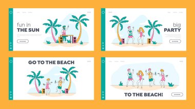Genç Karakterler Boş İniş Şablonu Ayarlandı. Sıcak Yazda İnsanların Rahatladığı Tropik Plaj Partisi