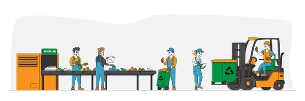 Personagens trabalhando na planta de reciclagem de resíduos com recipientes para separação de lixo e empilhadeira —  Vetores de Stock