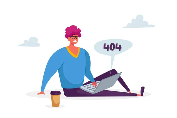 Triest karakter met 404 Fout op Laptop Professionele technische hulp nodig. Cliënt chatten met Ai Robot Chatbot. Faq Customer Support, Online Antwoord, Chat Bot Consultatie. Cartoon Vector Illustratie — Stockvector