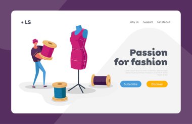 Dikiş Atölyesi ve Atıcı İşçi İniş Sayfa Şablonu. Terzi ya da Terzi Mesleği, Erkek Karakteri Büyük Kukla 'da Skein Thread tutuyor. Tekstil Üretimi, Moda. Çizgi film Vektör İllüstrasyonu