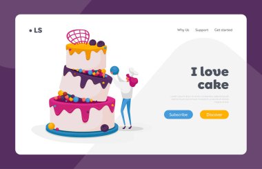 Kremalı Pasta Pişirme Turtası Minik Şekerleme Şablonu ya da Üniforma ve Tok Dekorasyon Şefi Kadın Karakteri Büyük Şenlikli Düğün ya da Doğum Günü Pastası. Çizgi film Vektör İllüstrasyonu