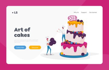 İnsanlar Krem İniş Sayfası Şablonu ile Kutlama Pastası Pişiriyor. Şefin Üniformalı Minik Karakterler ve Çilekli Büyük Turta Dekorasyonu. Doğum günü veya düğün için pastane tatlısı. Çizgi film Vektör İllüstrasyonu