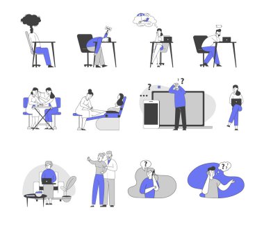 Burnout 'ta çalışan erkek ve kadın iş karakterleri. Kadınlar Salon 'da Spa Prosedürü Uygular. Kıdemli insanlar Gadget kullanır. Erkekler ve kadınlar akıllı telefonlarla iletişim kurar. Doğrusal Vektör İllüstrasyonu