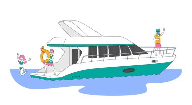 Yaz mevsiminde Lüks Yat Denizde Seyahat Eden Karakterler, Suya Atlayan Mutlu Kadın, Güvertede Adam İçen Kokteyller, Güneş Banyosu. Yaz Tatil Gezisi. Doğrusal İnsanlar Vektör İllüstrasyonu