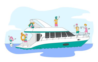 Okyanusta Lüks Yatta Rahatlayan Genç İnsanlar. Yaz tatili, Mutlu Erkek ve Kadın Karakterler Gemiden Denize Atlama, Şampanya İçme, Güneş Banyosu. Doğrusal Vektör İllüstrasyonu