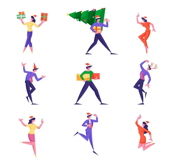 Stel Business People Karakters Vier Nieuwjaarsfeest met Champagne en Fir-tree. Happy Colleagues Managers Team in Santa Hats Vier kerstvakantie op kantoor. Cartoon Vector Illustratie — Stockvector