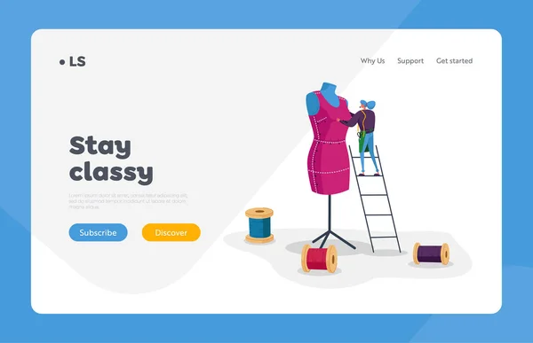 Dressmaking Hobby, Esgoto Profissão Landing Page Template. Vestuário ou Designer de Moda Personagem Projetando Vestuário em Manequim Enorme. Roupas de costura Master Tailor minúsculo. Desenhos animados Vector Ilustração —  Vetores de Stock