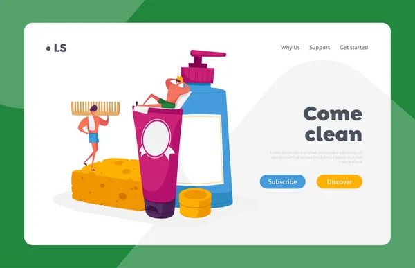 Pessoas em Casa de Banho Landing Page Template Caracteres masculinos minúsculos Lavagem e Tomada de Banho em Enormes Cosméticos Garrafas Sabonete Shampoo Esponja, Pentear e Creme. Procedimentos de Higiene Spa. Desenhos animados Vector Ilustração —  Vetores de Stock