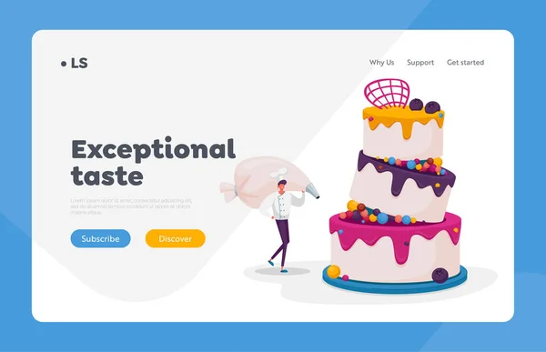 Bakery and Sweet Food Landing Page Template Tiny Chef Character Decorate Huge Cake with Cream in Pastry Bag. Treat Confectionery Dessert for Party, Wedding or Birthday. 카툰 Vector Illustration — 스톡 벡터