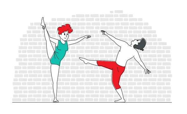Jongeren dansen. Paar mannelijke en vrouwelijke personages in sportkleding voeren acrobatiek of ballet bewegende elementen bewegen lichaam naar muziek ritme. Hobby, Vrije tijd of Sparetime. Lineaire vectorillustratie — Stockvector