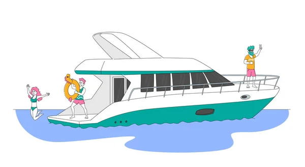 Personnages voyageant sur un yacht de luxe en mer en été, Happy Woman Jump into Water, Man Drinking Cocktails on Ship Deck, Take Sun Bathing. Croisière de vacances d'été. Illustration vectorielle des personnes linéaires — Image vectorielle