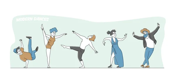 Man en vrouw personages dragen gestileerde kostuums Dance Modern Dances. Groep van mensen op Disco Party of Training Class. Gelukkige mannen of vrouwen Clubbing, uitvoeren. Lineaire People Vector Illustratie — Stockvector