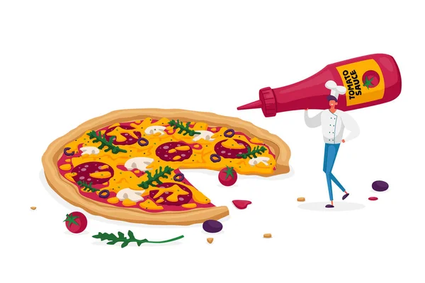 Pizzeria Mahlzeit, Bistro italienische Küche Kochen und Essen. Winzige männliche Figur in Chef-Uniform gießt Ketchup auf riesige Pizza mit Oliven, Pilzen, Tomaten und Würstchen. Zeichentrickvektorillustration — Stockvektor