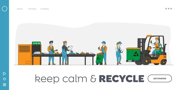 Miot Przemysł Landing Page Template Postacie pracujące nad Zakładem Recyklingu Odpadów z kontenerami do oddzielania śmieci i wózkiem widłowym w celu zmniejszenia zanieczyszczenia środowiska. Ilustracja wektora ludzi liniowych — Wektor stockowy
