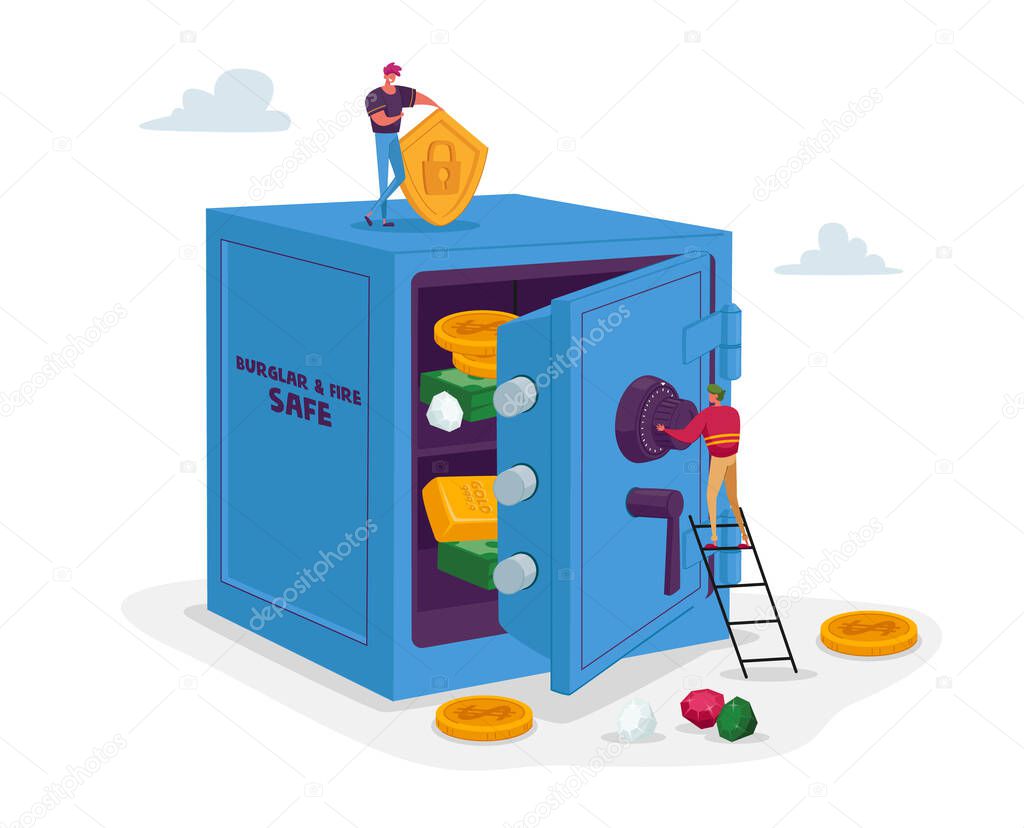 Capital Safety. Tiny Male Character Stand on Ladder Insert Password to Safe with Bills and Coins inside. Money Investment, Business Man Making Savings, Wealth, Income. Cartoon Vector Illustration