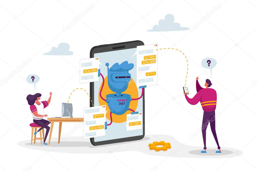 Characters Use Gadgets for Chatbot Communication. Ai Robot Help Customer Faq Support, Online Consultation. Innovation, Artificial Intelligence. People Use Chat Bot Service. Cartoon Vector Illustration