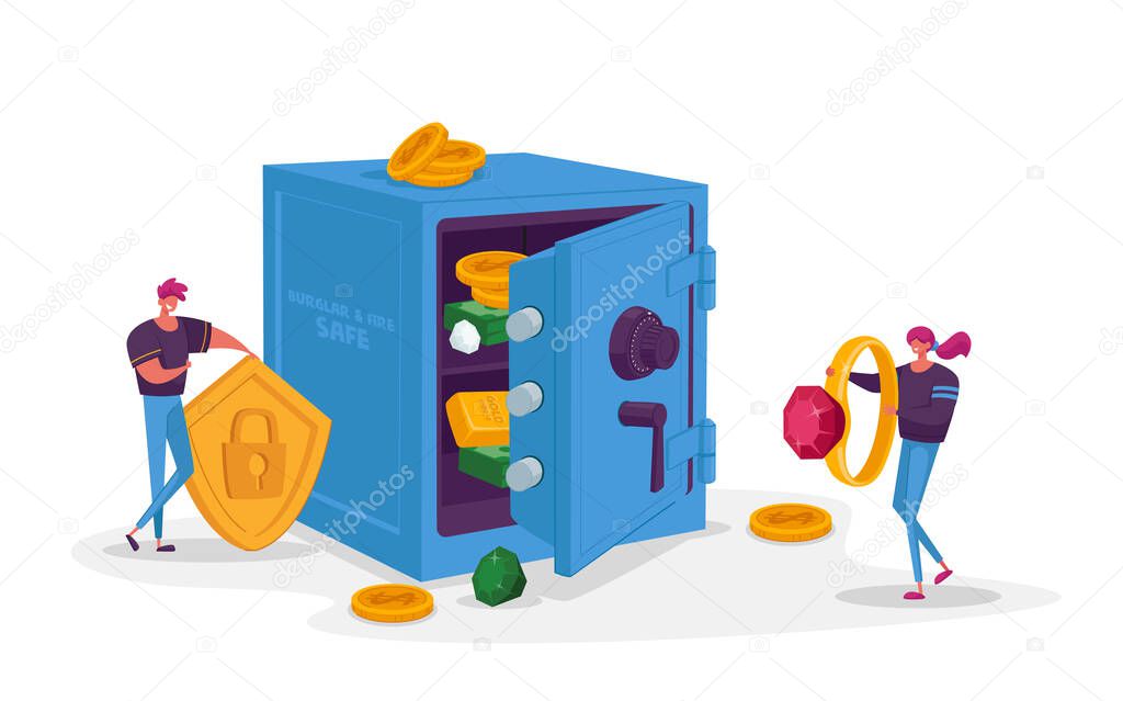 Tiny Characters Put Savings to Bank Safe Full of Money and Jewelry. Investment and Safety, Business Man and Woman Holding Huge Golden Shield and Ring, Bulgar Protection. Cartoon Vector Illustration