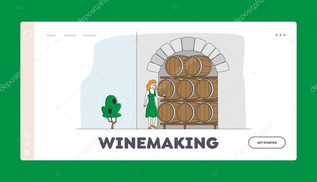 Traditional Wine Making Craft, Industry Landing Page Template Female Winemaker Character Tasting Wine at Wine Cellar with Oak Barrels. Winemaking Fermentation. Linear People Vector Illustration