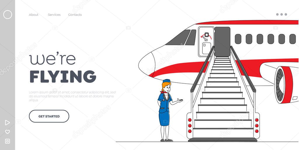 Departure to Destination Place Landing Page Template. Airline Staff Stewardess Character, Flight Attendant, Air Hostess Girl Inviting Passengers on Airplane Boarding. Linear Vector Illustration