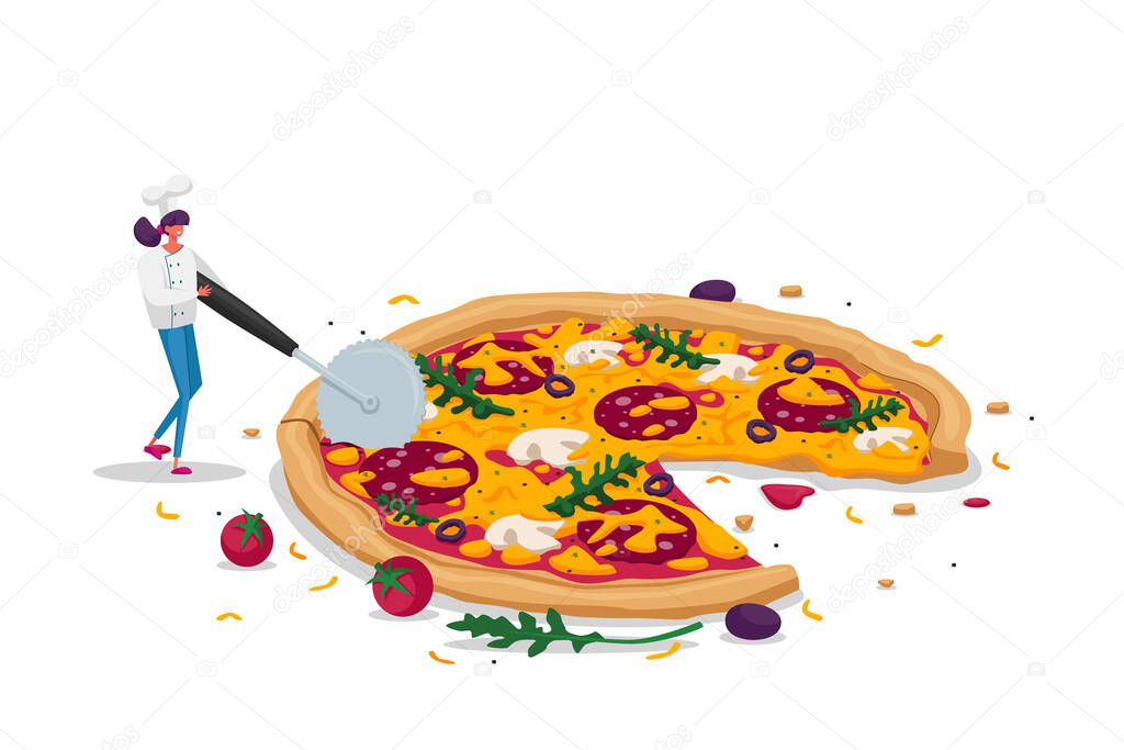 Tiny Female Character in Chef Uniform Hold Special Knife Cut Huge Piece of Pizza with Olives, Mushrooms, Tomatoes and Sausage. Pizzeria Meal, Bistro Italian Food Cooking. Cartoon Vector Illustration