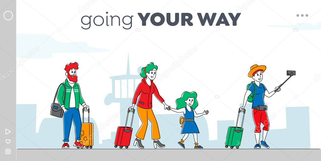 Characters with Bags Boarding on Airplane Landing Page Template. Travelers Go to Aircraft, Passengers Board to Jet. People Travel Woman with Daughter Businessman in Airport. Linear Vector Illustration