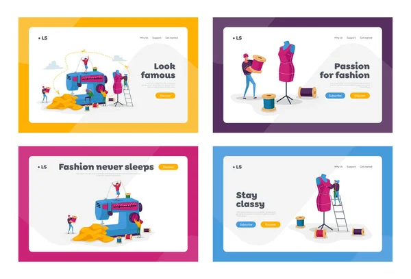 Tailor Textile Craft Business Landing Page Template Set. Creative Atelier, Dressmakers Charakteristiky Vytvořte si oděv na šicím stroji, Asistent práce s figuríny. Vektorová ilustrace kreslených osob — Stockový vektor