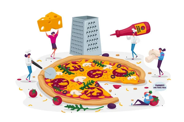 Winzige Leute essen riesige Pizza. Männliche und weibliche Charaktere schneiden mit dem Messer, setzen Ketchup oder Käse ein, nehmen Sie ein Stück leckeres italienisches Essen. Fast Food Cafe oder Bistro Besucher. Cartoon People Vektor Illustration — Stockvektor