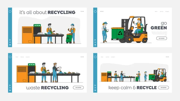 Śmieci Przemysł Landing Page Template Set Postacie Praca nad Zakładem Recyklingu Odpadów z Kontenery do Separacji Śmieci i wózka widłowego w celu zmniejszenia zanieczyszczenia środowiska. Ilustracja wektora ludzi liniowych — Wektor stockowy