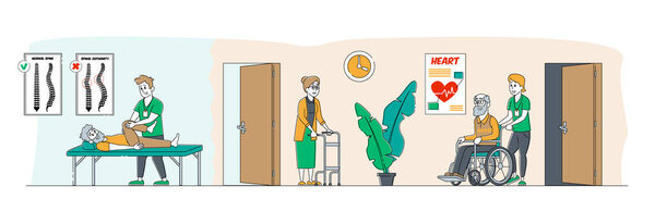 Помощь пожилым инвалидам в доме престарелых. Социальные работники оказывают помощь пожилым людям на инвалидных колясках, квалифицированным медсестрам и медсестрам. Линейный вектор
