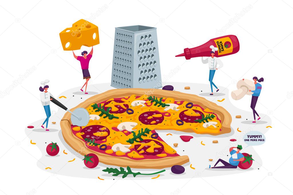 Tiny People Eating Huge Pizza. Male and Female Characters Cut with Knife, Put Ketchup or Cheese, Take Piece of Tasty Italian Food. Fast Food Cafe or Bistro Visitors. Cartoon People Vector Illustration