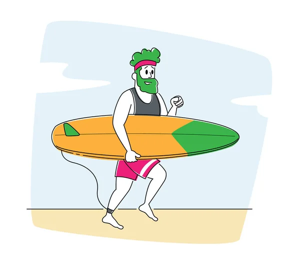 Surf Recreation, personagem jovem em Sportswear Correndo para o oceano com prancha de surf nas mãos. Sportsman Summer Sparetime, Atividade Esportiva, Estilo de Vida Saudável, Lazer. Ilustração Linear do Vetor — Vetor de Stock