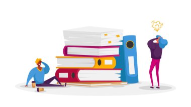 Evrak işleri müdürü, son teslim tarihi. Çok Yoğun Bir Gün 'de Çok Yoğun Kağıt Belgeleri Olan Erkek ve Kadın. İş Adamları Karakterleri Ofisi Bürokrasi Çalışıyor. Çizgi film Vektör İllüstrasyonu