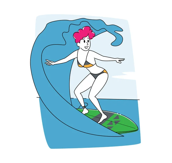 바다에서 서핑을 하고 있다. 스위밍 (Swim) 의젊은 여성 파도타기 캐릭터 (Young Woman Surfer Character) 가 거대 한 파도를 타고 보드에 올랐다. 여름 활동, 건강 한 라이프 스타일, 휴가 레저. 비유적 인 벡터의 예 — 스톡 벡터