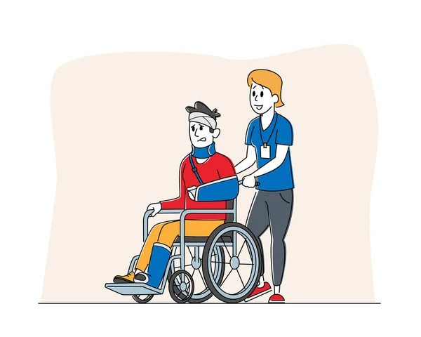 ΑμεΑ Ανδρικός χαρακτήρας με σπασμένο χέρι και πόδι ιππασίας αναπηρική καρέκλα με νοσοκόμα βοήθεια. Ασθενής στο Νοσοκομείο Τραυματολογίας, άτομο με ειδικές ανάγκες. Γραμμική απεικόνιση διανυσματικών ατόμων — Διανυσματικό Αρχείο