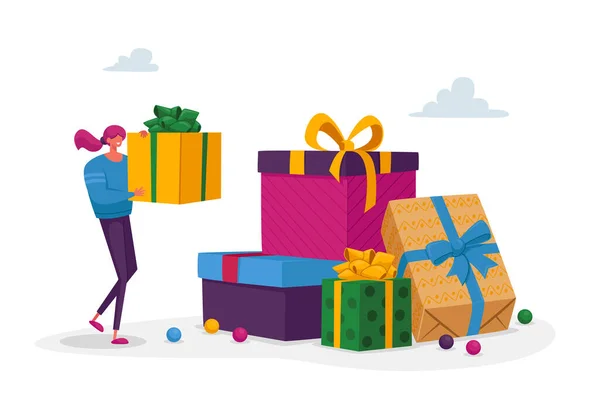 Kleine vrouwelijke karakter Bereid je voor op verjaardag, Valentijnsdag, Kerstmis of Nieuwjaar feest viering. Vrouw gedaan verpakt doos op Enorme Heap van cadeautjes. Meisje zet Gift op Stack Top. Cartoon Vector Illustratie — Stockvector