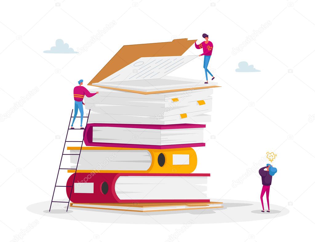 Office Employee Characters Overload at Work with Docs. Man Stand on Ladder at on Huge Steak of Document Folders. Woman Manager with Steaming Head. Paper Bureaucracy. Cartoon People Vector Illustration