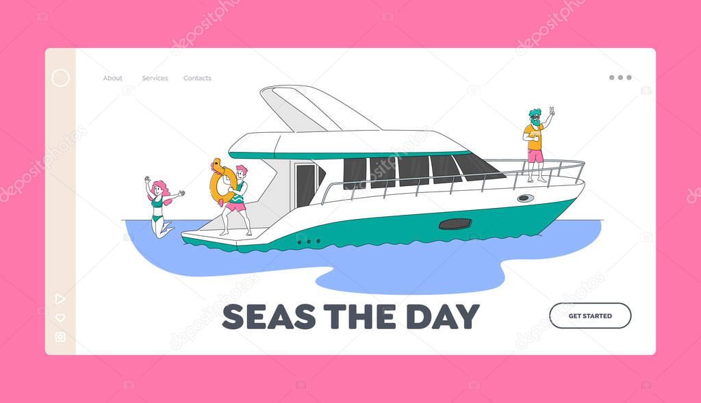 Summer Vacation Cruise Landing Page Template. Characters Traveling on Luxury Yacht at Sea, Happy Woman Jump to Water, Man Drink Cocktail on Ship Deck, People Take Sun Bath. Linear Vector Illustration