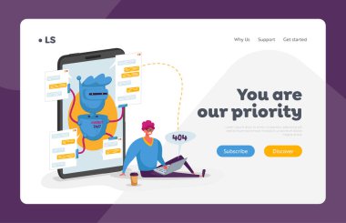 Çevrimiçi Chat Bot Danışmanlık İniş Sayfası Şablonu. Laptop 'ta Ai Robot Chatbot ile sohbet ederken 404 Hatalı Müşteri Karakteri. Faq Müşteri Desteği, Cevap ve Yenilik. Çizgi film Vektör İllüstrasyonu