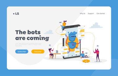 Yapay Zeka İniş Sayfa Şablonu. Robot Asistanla Dev Mobil Karakterler 'de. Chatbot Online Cevap Sorularına Yardım, Ai Cyborgs Fak Servisi. Çizgi film İnsanları Vektör İllüstrasyonu