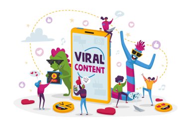 Viral İçerik Konsepti. Dev Cep Telefonu 'nda Komik Karakterlerle Küçük İnsanlar Dans Ediyor. Sosyal Medya Blog 'u, Film Yayını, Çevrimiçi Ağ Seviyor, Takipçiler Çekici. Çizgi film Vektör İllüstrasyonu
