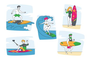 Sörf Seti. Dev Okyanus Dalgaları 'ndan Mayolu Sörf Tahtaları Karakterleri, Selfie Yap. Spor müsabakası, Yaz Saati, Spor Aktivitesi, Sağlıklı Yaşam tarzı. Doğrusal Vektör İllüstrasyonu