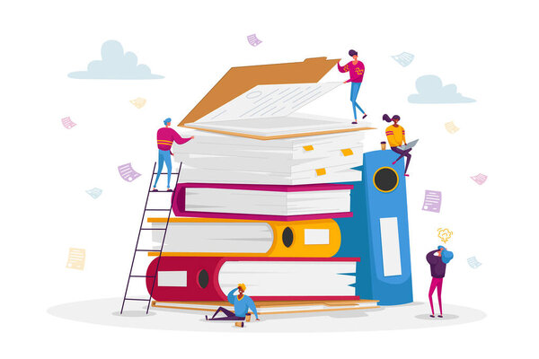 Крошечные деловые женщины и деловые люди на огромных папках с докторами и бумажными докторами. Занят офис Люди компании Сотрудники бумажной работы Сроки напряжения. Вектор мультипликации
