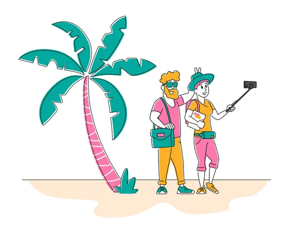 Yurtdışında turistler. Mutlu Aşk Çifti ya da Arkadaşları Birlikte Duruyor Poz veriyor ve Hareketli Selfie Fotoğrafı Çekiyor. Tropical Resort 'taki Smartphone' da Karakter Fotoğrafları. Doğrusal İnsanlar Vektör İllüstrasyonu — Stok Vektör