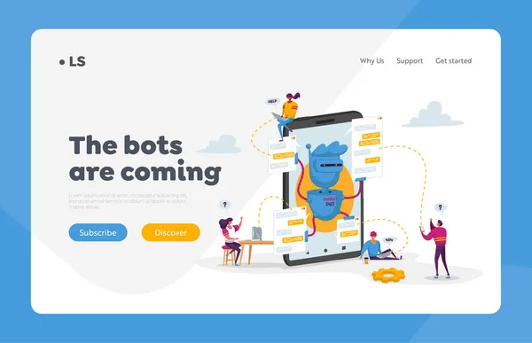 Plantilla de landing page de inteligencia artificial. Pequeños personajes en el enorme móvil con asistente de robot. Chatbot Ayuda en línea Responder preguntas, Ai Cyborgs Faq Service. Dibujos animados Gente Vector Ilustración — Vector de stock