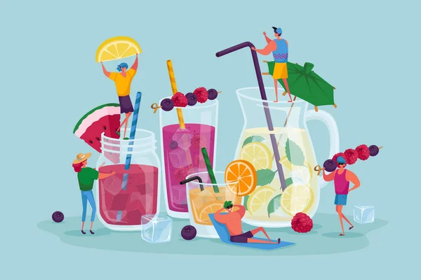 Gente bebiendo bebidas frías. Los pequeños personajes masculinos y femeninos eligen diferentes bebidas en el horario de verano. Enormes tazas de vidrio con paja, frutas, cubitos de hielo en agua de jugo. Ilustración de vectores de dibujos animados — Vector de stock